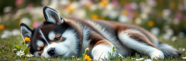 Cute Adorable Siberian Husky Puppy in Garden Surrounded by Daisies on a Sunny Spring Day photo