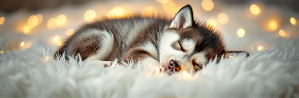 Cute Sleeping Siberian Husky Puppy Under Festive Bokeh Lights with Fluffy Fur and Innocent Look photo
