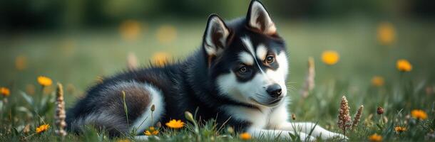 Cute Playful Sitting Siberian Husky Puppy in a Colorful Meadow with Flowers on a Sunny Day photo