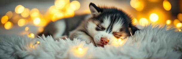 Sleeping Puppy Under Cozy Bokeh Lights. Adorable Fluffy Husky Dreaming in a Festive Atmosphere photo