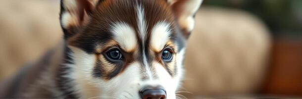 Cute Siberian Husky Puppy with Adorable Blue Eyes and Soft Textured Fur in a Cozy Atmosphere photo