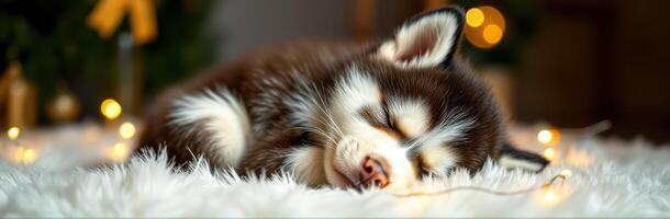 Sleeping Fluffy Brown and White Husky Puppy Under Cozy Fairy Lights - Adorable Winter Scene with Bokeh Effect photo