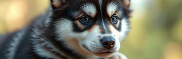 Cute and Playful Siberian Husky Puppy Portrait with Expressive Blue Eyes and Fluffy Fur in Nature Background photo
