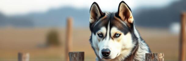 Siberian Husky Portrait. Beautiful Blue-Eyed Canine Against Nature with Wooden Fence and Bokeh Background photo