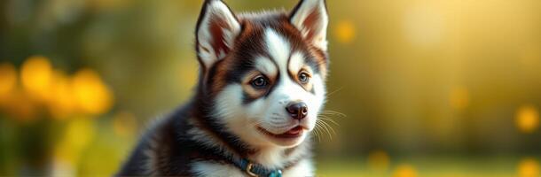 Happy Puppy Portrait. Adorable Siberian Husky Close-Up in Nature with Playful Expression and Golden Hour Light photo