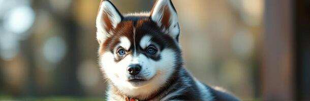 Cute Siberian Husky Puppy with Blue Eyes in Natural Outdoor Setting - Adorable Fluffy Dog Portrait with Alert Expression and Vibrant Bokeh Background photo