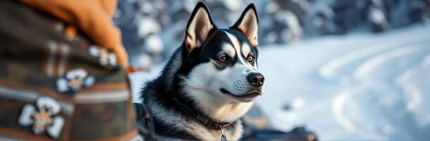 Siberian Husky Portrait in Snowy Winter Landscape. Alert and Cute Canine Close-Up with Furry Coat and Vibrant Eyes photo