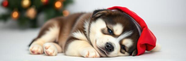 Adorable Puppy Sleeping in Santa Hat Near Christmas Tree with Blurred Holiday Lights photo
