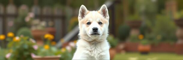 Cute and Adorable Puppy Portrait in a Garden - Friendly Fluffy Canine with Happy Expression and Beautiful Ears, Outdoors in Nature photo