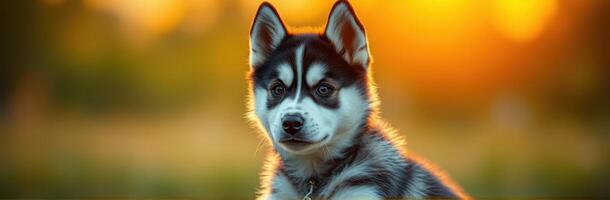 Cute Young Siberian Husky Puppy Portrait in Nature During Golden Hour with Warm Light and Bokeh Background photo