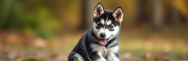 Cute and Adorable Playful Siberian Husky Puppy Enjoying Autumn Outdoors with Bright Sunlight and Bokeh Background photo