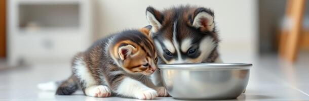 Adorable Kittens and Puppies Sharing a Bowl Indoors - Furry Friends Enjoying Friendship and Bonding in a Cozy Home Setting photo