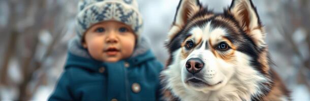Toddler and Dog Enjoying a Winter Wonderland. Cute Adventures of a Little Explorer in the Snow photo