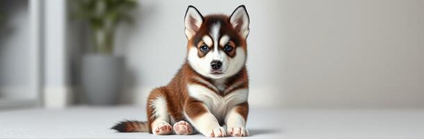Cute Adorable Fluffy Husky Puppy with Blue Eyes Resting Indoors in a Charming Home Environment photo