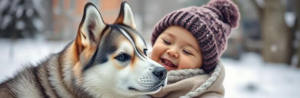 Baby Smiling and Playing with Siberian Husky in Snow. A Heartwarming Winter Friendship Moment photo