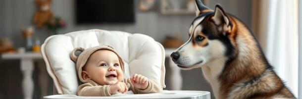 Baby and Dog Smiling Together in High Chair. A Heartwarming Moment of Friendship and Bonding photo