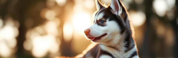 Cute Siberian Husky Puppy Headshot with Playful Expression in Warm Sunlight Bokeh Background photo