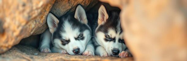 Cozy Siberian Husky Puppies Snuggling Together in a Rock Shelter During a Peaceful Sleep photo
