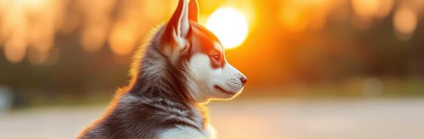 Cute Siberian Husky Puppy Portrait in Warm Sunset Light - Adorable Fluffy Canine Companion in Scenic Nature Setting photo