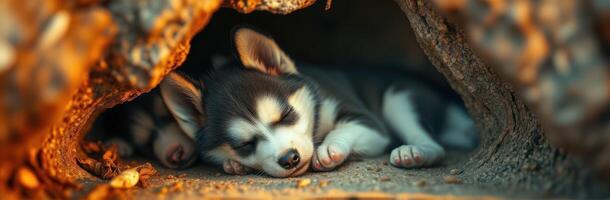 Cute Sleeping Puppies in Log Shelter. Adorable Dog Portraits with Cozy Expression and Peaceful Sleep in Nature Background photo