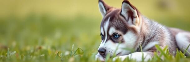 Cute Adorable Siberian Husky Puppy Resting in Green Grass with Warm Tone and Blue Eyes photo