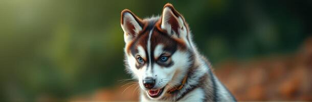 Cute Playful Siberian Husky Puppy with Blue Eyes in a Luminous Outdoor Garden Portrait photo