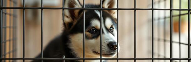 Siberian Husky Puppy Behind Bars in Animal Shelter with Adorable Sad Look and Furry Companion Vibes photo