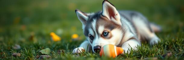 Cute Siberian Husky Puppy with Blue Eyes Playing on Green Grass in Sunlight photo