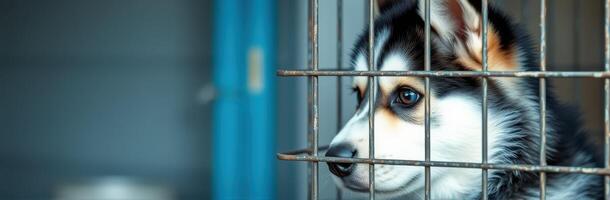 Siberian Husky Puppy with Sad Eyes Behind Bars in Animal Shelter - A Reminder of Pet Adoption and Rescue Mission for Homeless Animals photo