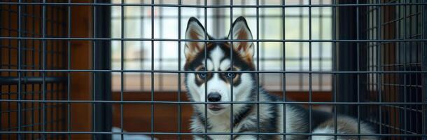 Siberian Husky Puppy with Blue Eyes in a Cage. Adorable Fluffy Dog in a Kennel Facing Constraints photo