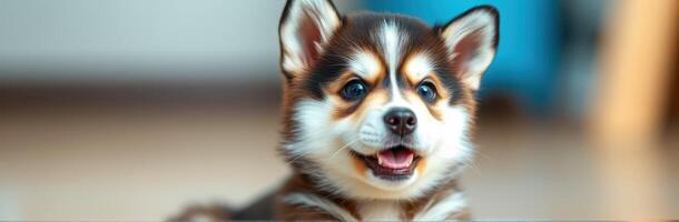 Cute and Adorable Puppy Portrait. Fluffy Brown Dog with Smiling Puppy Eyes in a Cheerful Indoor Scene photo