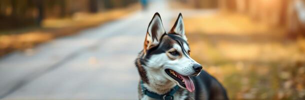 Cute Alaskan Malamute Dog Walking in Autumn Forest Pathway - Close-Up Canine Portrait with Blue Collar and Tongue Out photo