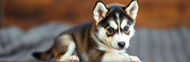 Cute and Adorable Siberian Husky Puppy with Expressive Eyes Laying Down Indoors on a Couch in Winter photo