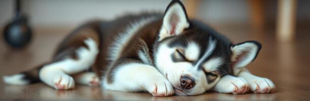 sleeping husky puppy portrait on wooden floor - adorable and fluffy dog napping indoors photo