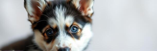Cute and Adorable Puppy Portrait with Blue Eyes and Soft Fur - Close-Up Image of Sweet Dog Paws and Warm Expressions in Natural Background photo