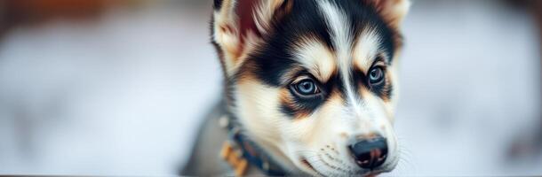 Cute Close-Up Portrait of Adorable Siberian Husky Puppy with Blue Eyes and Fluffy Fur in Winter Snow Background photo