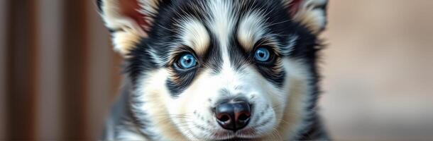 Cute Puppy Portrait. Close-Up of Adorable Mixed Breed Husky with Blue Eyes and Fluffy Fur photo