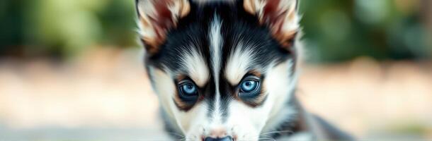 Cute Close-Up Portrait of a Fluffy Siberian Husky Puppy with Vibrant Blue Eyes in a Natural Outdoor Setting photo