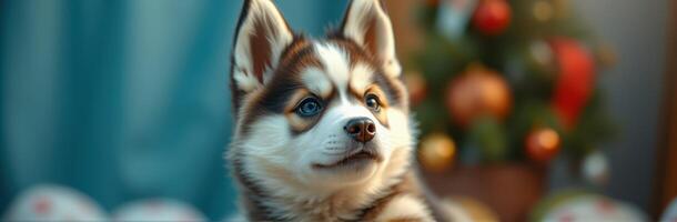 Cute Adorable Puppy Portrait. Furry Siberian Husky with Blue Eyes Close-Up by Festive Christmas Tree in Cozy Winter Setting photo