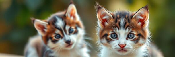 Twin Cute Fluffy Kittens with Blue Eyes in a Playful Outdoor Setting photo