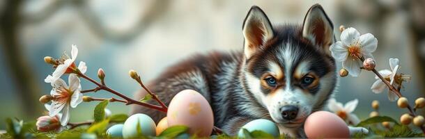 Adorable Puppy Playing Among Vibrant Easter Eggs and Blossoms in a Spring Garden photo