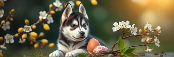 Puppy with Blue Eyes Among Cherry Blossoms and Easter Eggs in a Colorful Spring Garden photo