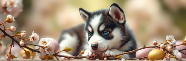 Cute Adorable Puppy with Blue Eyes Lying in a Spring Flower Garden Among Cherry Blossoms and Colorful Easter Eggs photo