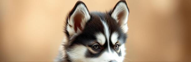 Cute Adorable Puppy Portrait. Siberian Husky with Furry Ears and Innocent Look on Brown Background photo