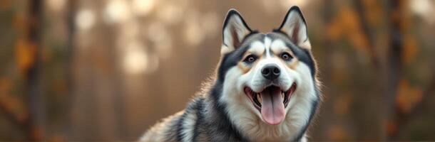 Smiling Siberian Husky in Autumn Forest. Adorable Dog Portrait with Playful Expression and Blurred Background in Golden Hour Light photo