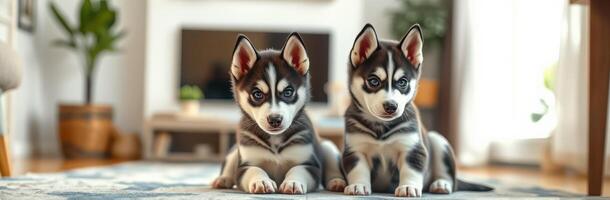 Cute Puppies Playing Indoors. Adorable Siberian Husky Siblings in a Cozy Home Environment with Fluffy Fur and Playful Expressions photo