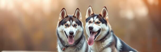 Cute Siberian Husky Pair with Blue Eyes and Tongue Out Enjoying Outdoor Playtime in Nature photo