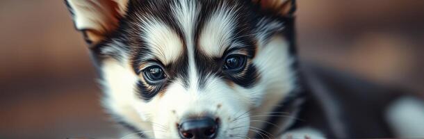 Cute and Adorable Close-Up Portrait of a Playful Siberian Husky Puppy with Fluffy Fur on a Brown Background photo