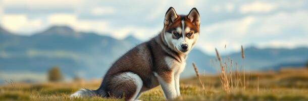 Husky Puppy Standing in a Scenic Meadow with Mountains and Clouds - Cute Furry Dog in Natural Habitat photo