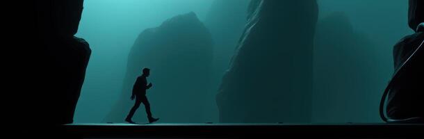 Mysterious Silhouette of a Man Walking Through a Dark Cave. An Eerie Exploration Adventure in an Otherworldly Landscape photo